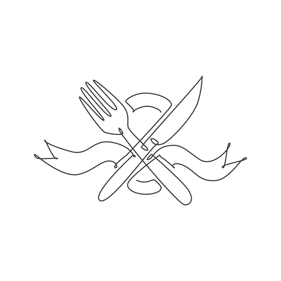 un dibujo de línea continua de cuchillo y tenedor con cinta para el emblema del logo del restaurante. concepto de plantilla de logotipo de cafetería de lujo. Ilustración de vector gráfico de diseño de dibujo de una sola línea moderna