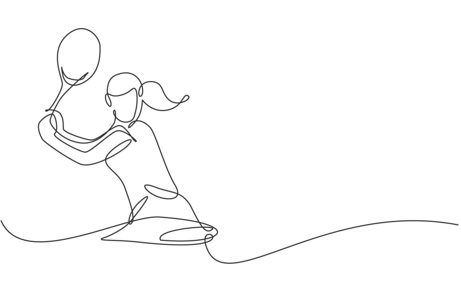 un dibujo de línea continua de una joven tenista feliz concentrada golpea la pelota. concepto de deporte competitivo. ilustración de vector de diseño de dibujo de línea única dinámica para cartel de promoción de torneo