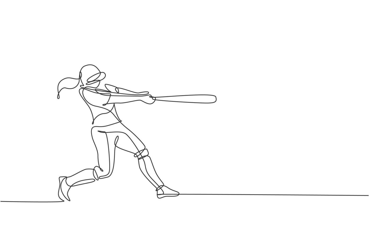 One continuous line drawing of young sporty woman baseball player practice to hit the ball. Competitive sport concept. Dynamic single line draw design vector graphic illustration for promotion poster