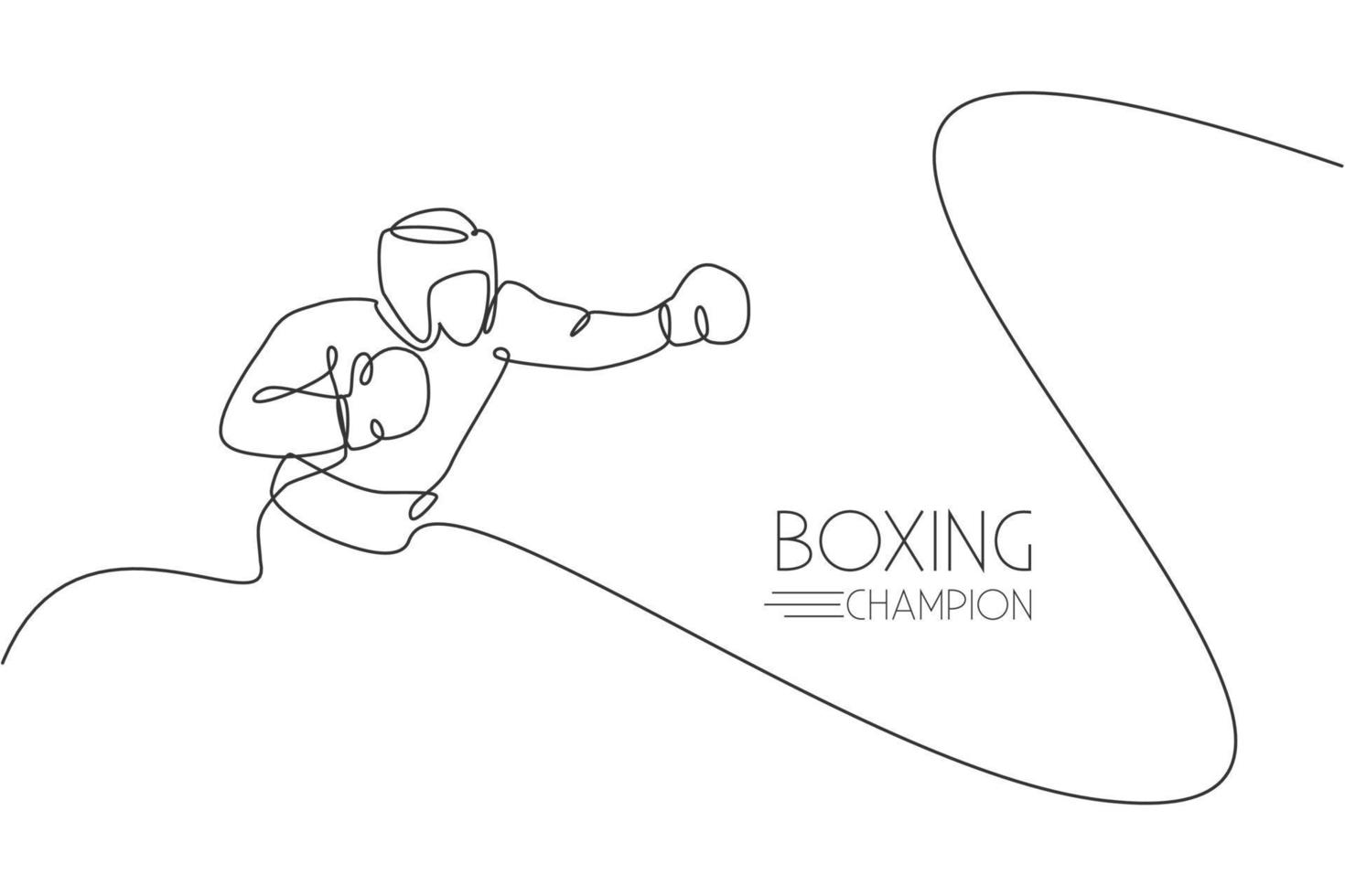 One continuous line drawing of young sporty man boxer practicing hook punch. Competitive combat sport concept. Dynamic single line draw design vector illustration for boxing match promotion poster