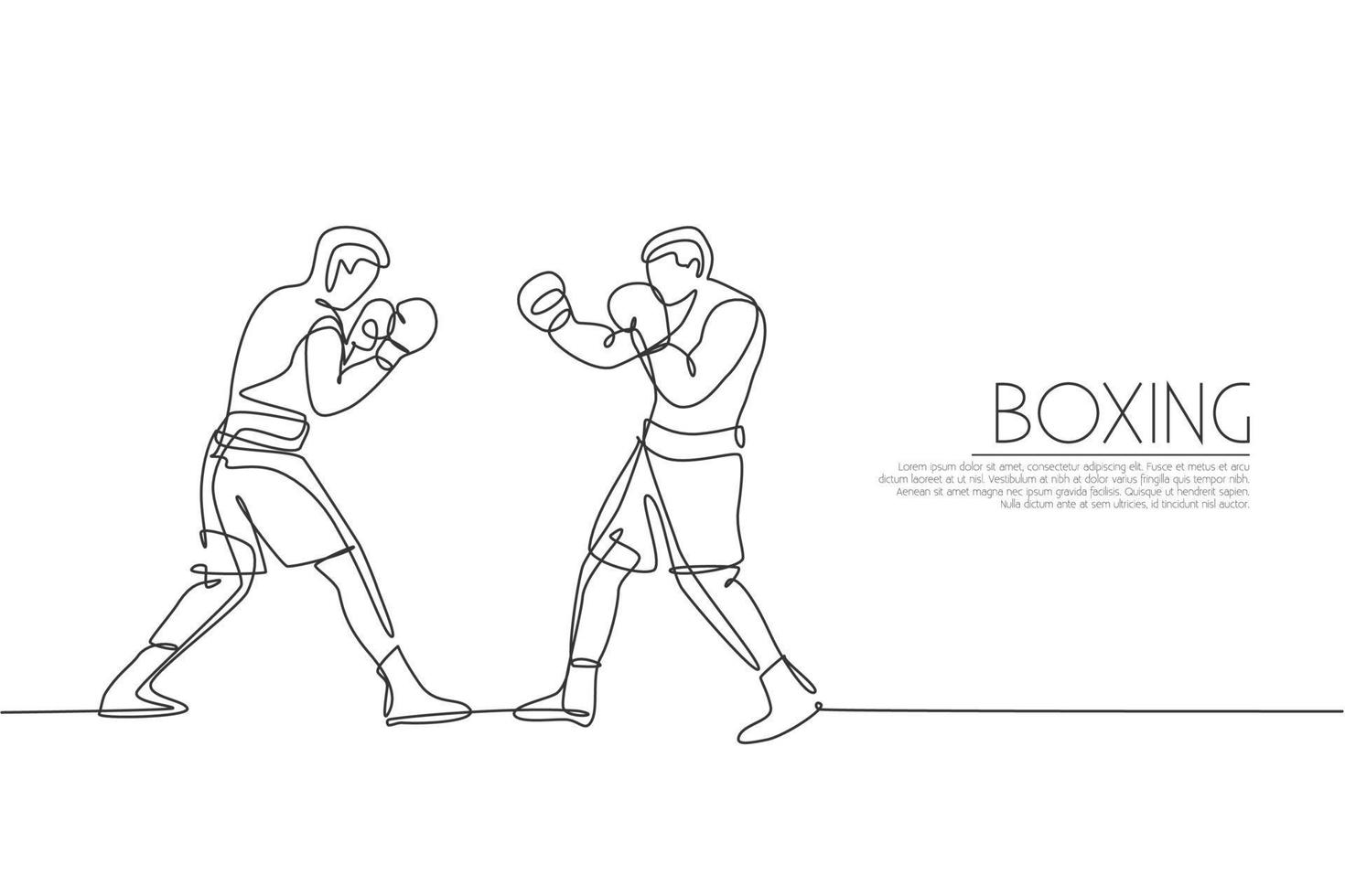 One single line drawing two young energetic men boxer fighting at event vector illustration graphic. Sport combative training concept. Modern continuous line draw design for boxing championship banner