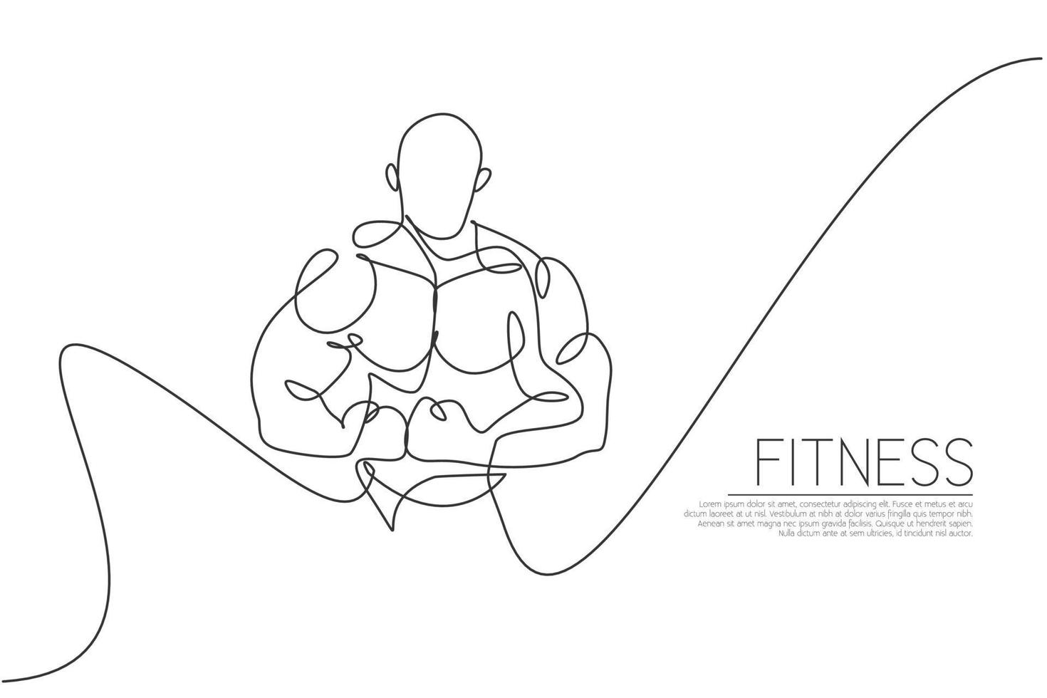 One continuous line drawing of young strong model man bodybuilder pose confidently. Fitness center gym logo concept. Dynamic single line draw design vector illustration for bodybuilding competition