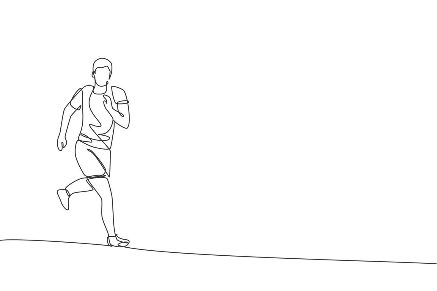 One continuous line drawing of young man athlete runner focus jogging run. Individual sport, competitive concept. Dynamic single line draw design vector illustration for running competition poster