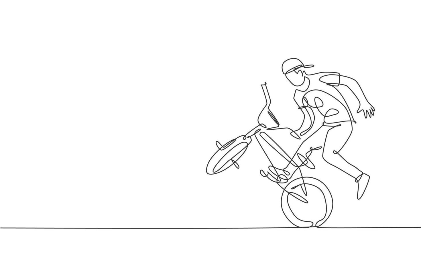 un dibujo de una sola línea de un joven ciclista bmx que realiza un truco de estilo libre en la ilustración del vector de la calle. concepto de deporte extremo. diseño moderno de dibujo de línea continua para banner de competencia de estilo libre