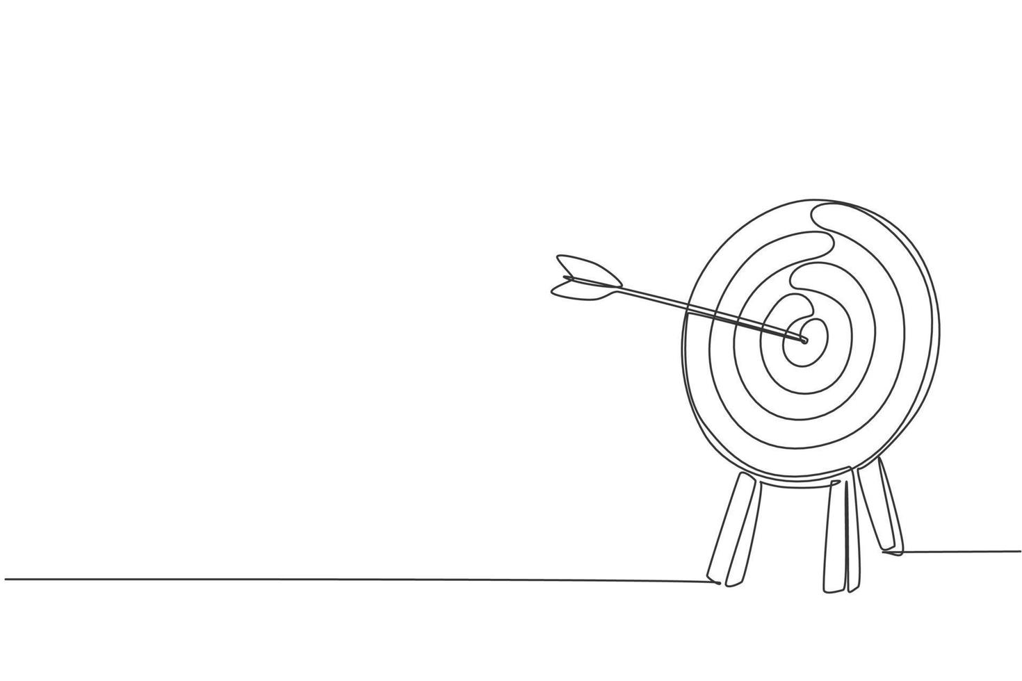 One continuous line drawing of arrow was shot bullseye to archery target board. Archery sport equipment concept. Dynamic single line draw design graphic vector illustration