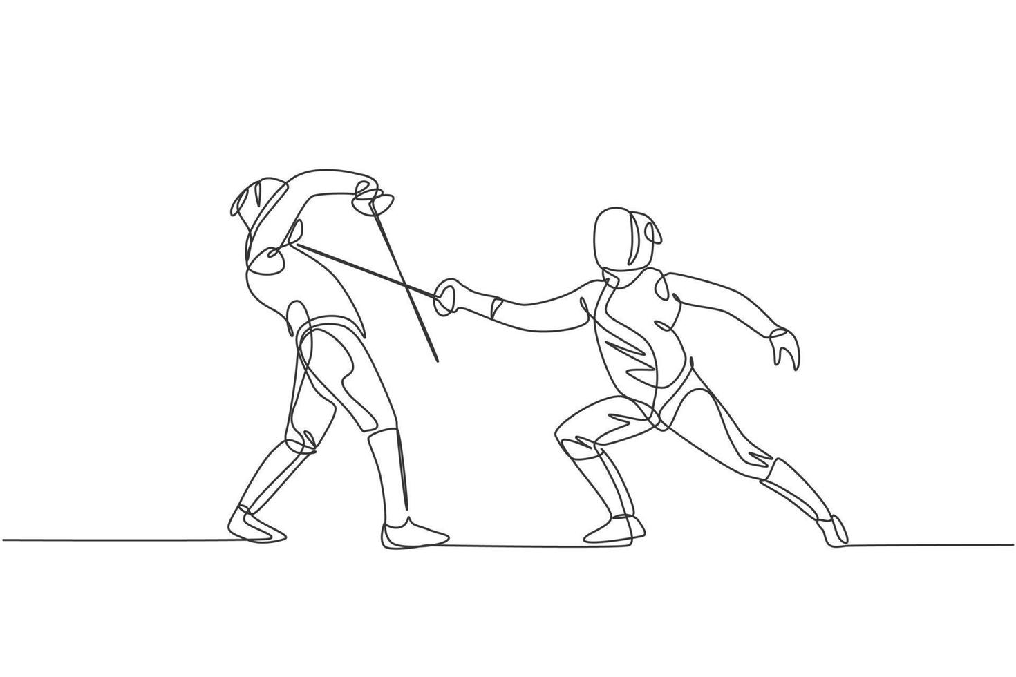 un dibujo de una sola línea de dos jóvenes atletas de esgrima en duelo de ejercicio de vestuario de esgrima en la ilustración de vector de arena deportiva. concepto de deporte combativo y de lucha. diseño moderno de dibujo de línea continua