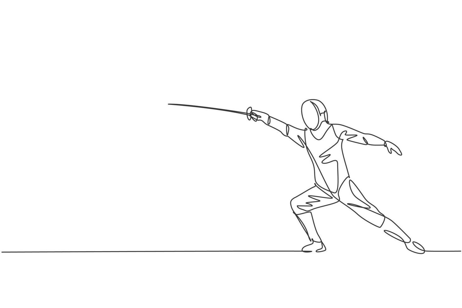 Single continuous line drawing of young professional fencer athlete man in fencing mask and rapier. Competitive fighting sport competition concept. Trendy one line draw design vector illustration