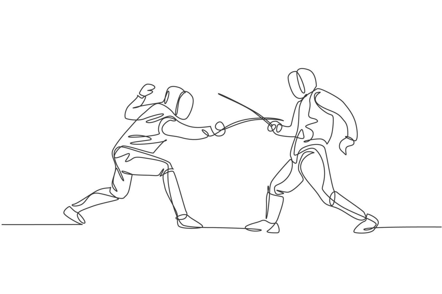 un dibujo de línea continua de dos hombres practicando atletas de esgrima peleando en un campo deportivo profesional. traje de esgrima y concepto de espada de sujeción. Ilustración de vector de diseño de dibujo de línea única dinámica