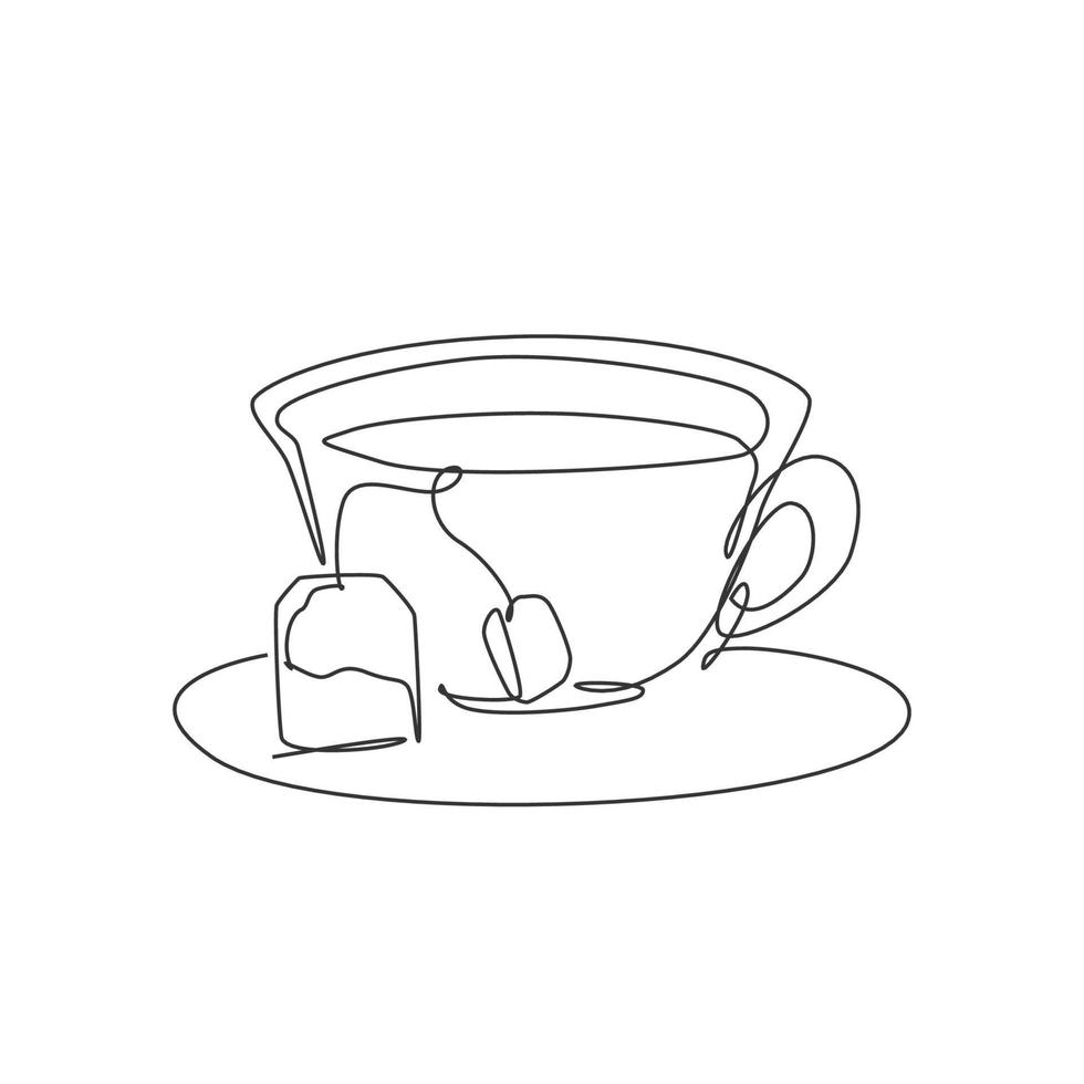 One continuous line drawing hot fresh glass cup of tea for tea shop logo emblem. Tea with teabag and drink coaster logotype template concept. Modern single line draw design graphic vector illustration