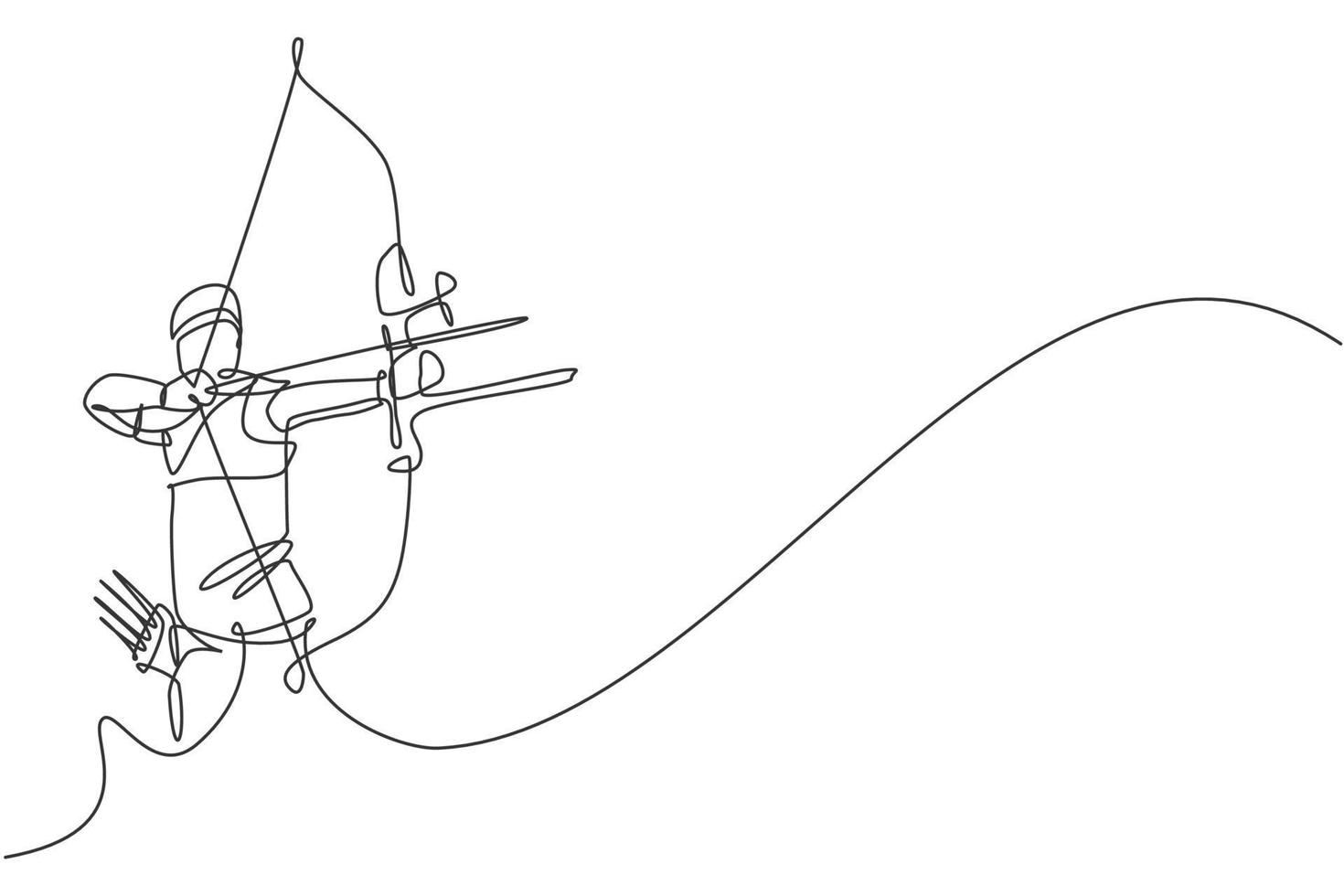 One single line drawing of young archer man focus exercising archery to hit the target graphic vector illustration. Healthy refresh shooting with bow sport concept. Modern continuous line draw design