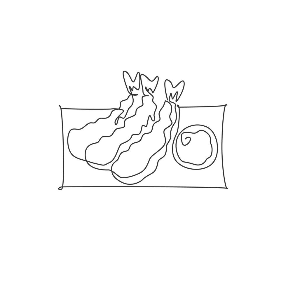 un dibujo de línea continua del emblema del logotipo del restaurante tempura de camarones japoneses frescos y deliciosos. concepto de plantilla de logotipo de tienda de café de mariscos. Ilustración de vector gráfico de diseño de dibujo de una sola línea moderna