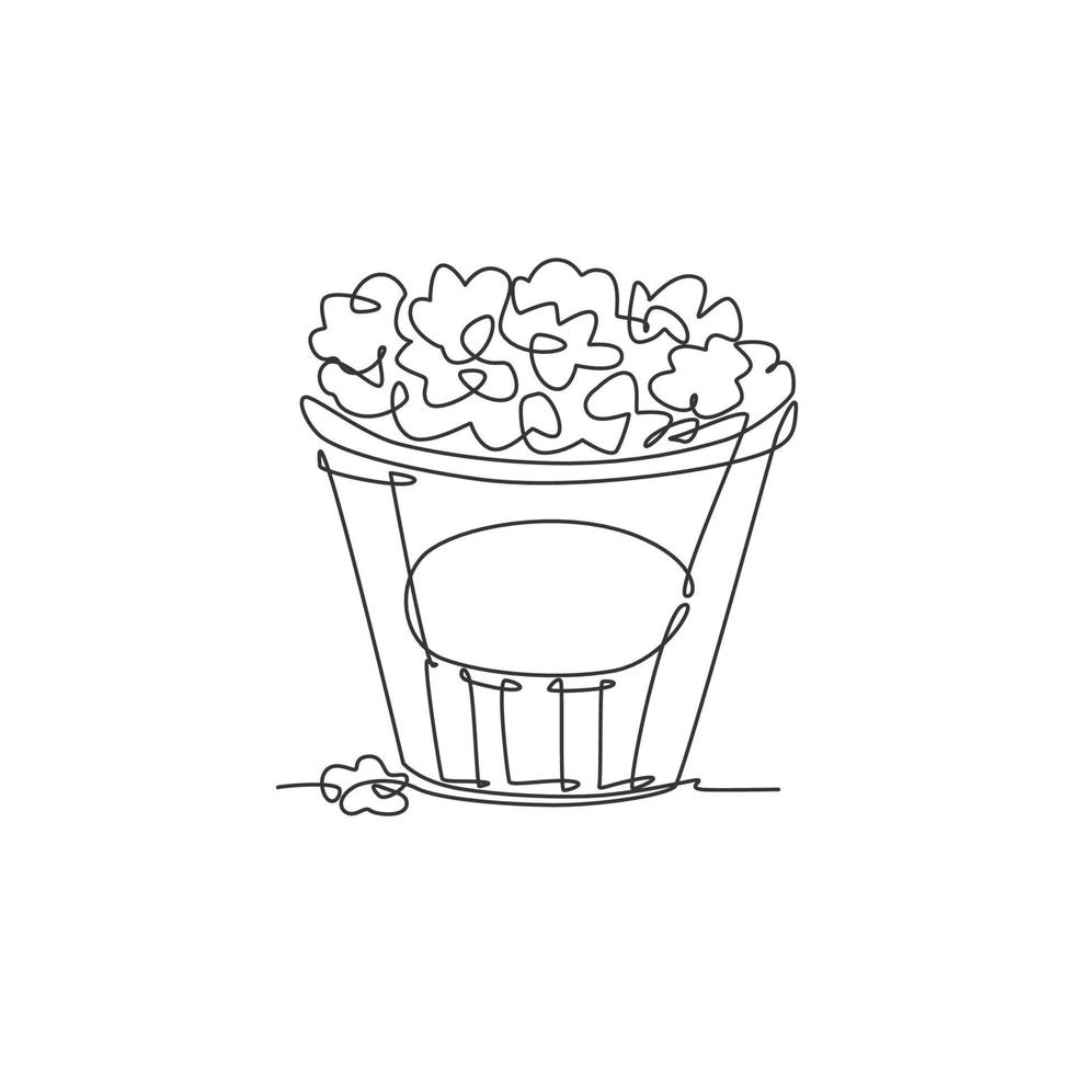 One single line drawing of fresh salty pop corn with stripped pattern paper bucket vector graphic illustration. Snack for watching movies concept. Modern continuous line draw design