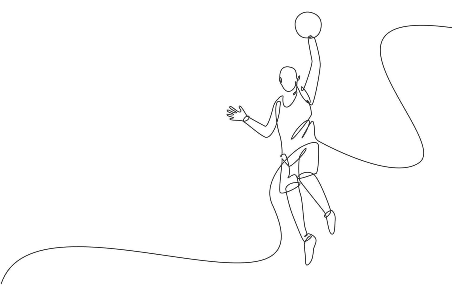 One continuous line drawing of young basketball player jumping to shot the ball. Team sport concept. Dynamic single line draw design vector illustration for college basket ball team recruitment poster