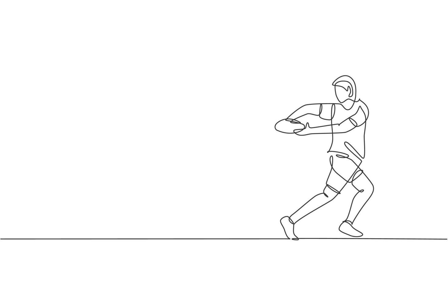 un dibujo de línea continua de un joven jugador de rugby masculino atrapa la pelota. concepto de deporte agresivo competitivo. ilustración de vector de diseño de dibujo de línea única dinámica para medios de promoción de torneos de rugby