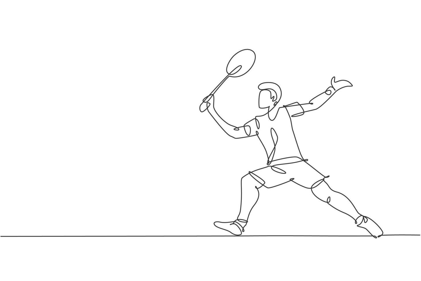 One single line drawing young energetic badminton player take a hit from opponent graphic vector illustration. Healthy sport concept. Modern continuous line draw design for badminton tournament poster