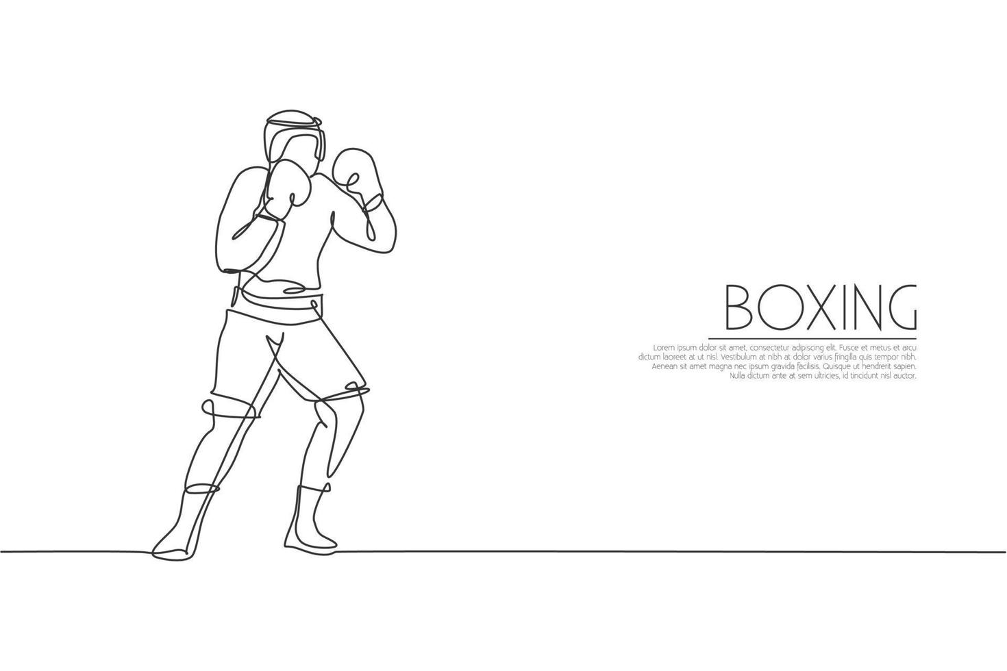 Single continuous line drawing of young agile man boxer improve his boxing defense skill. Fair combative sport concept. Trendy one line draw design vector illustration for boxing game promotion media