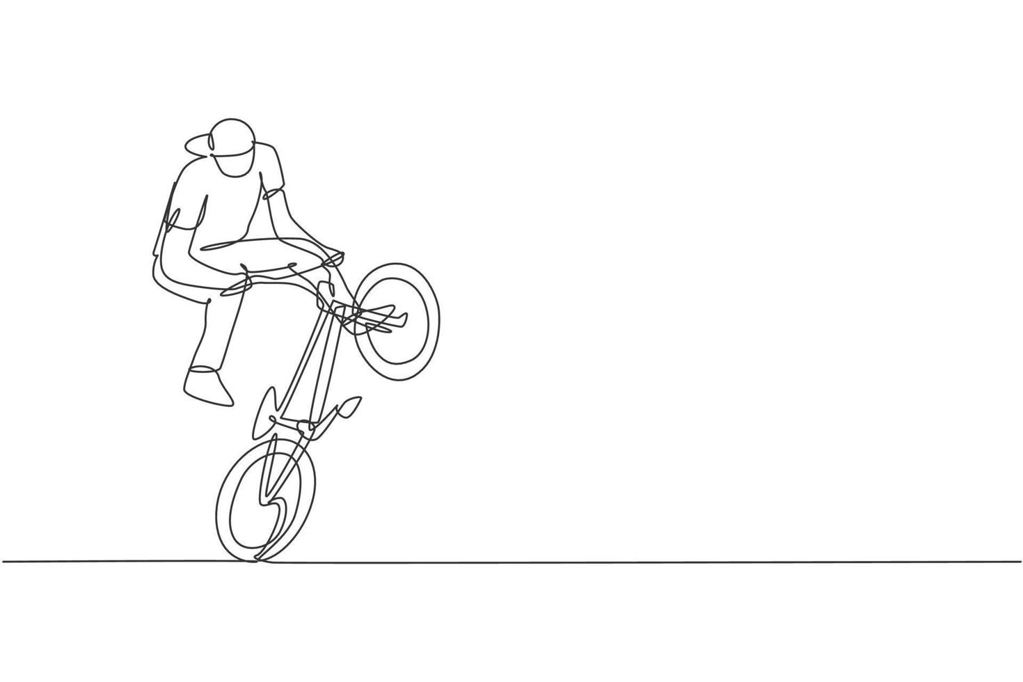 un dibujo de línea continua de un joven ciclista bmx que realiza trucos peligrosos en el parque de patinaje. Ilustración de vector de concepto de deporte extremo. diseño dinámico de dibujo de una sola línea para el cartel de promoción de eventos