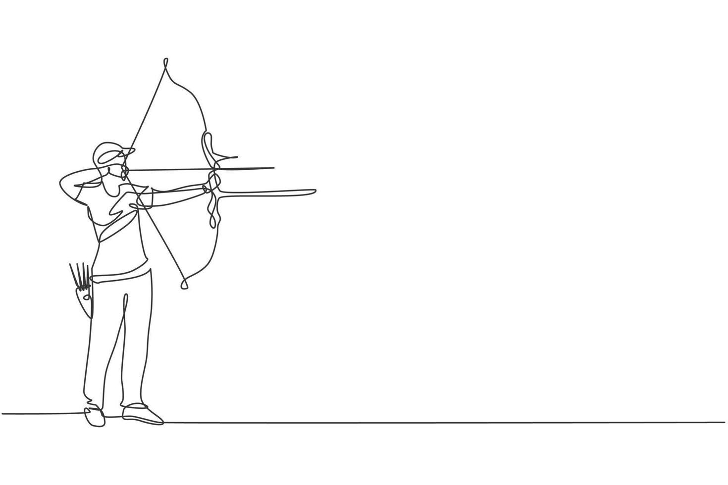 One continuous line drawing of young archer man pulling bow to shooting an archery target. Archery sport training and exercising concept. Dynamic single line draw design graphic vector illustration