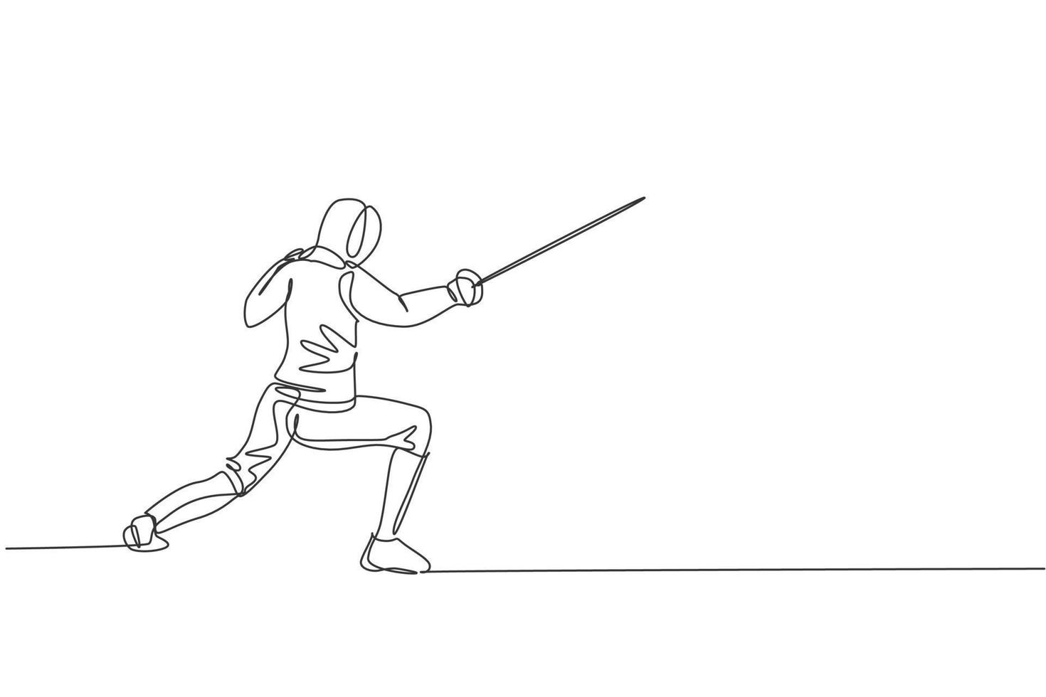 Single continuous line drawing young professional fencer athlete man in fencing mask and rapier. Competitive fighting sport competition concept. Trendy one line draw design vector graphic illustration