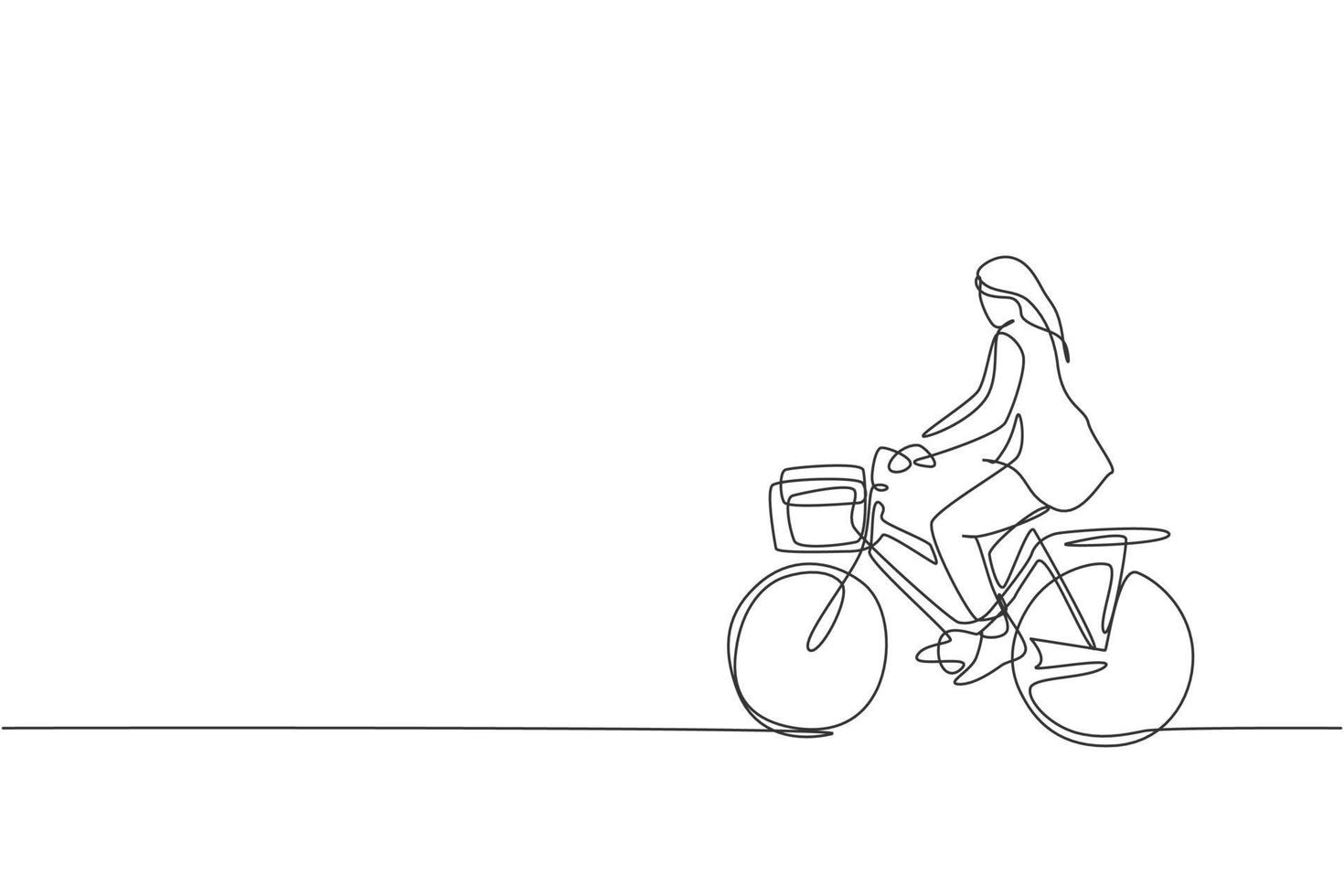 dibujo de una sola línea continua de una joven empresaria profesional que va en bicicleta a su empresa. bicicleta al trabajo, concepto de transporte ecológico. ilustración de vector de diseño de dibujo de una línea de moda