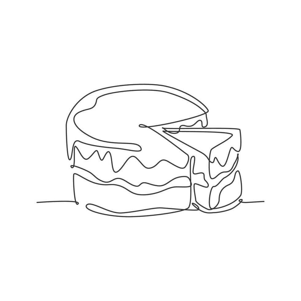 One continuous line drawing of fresh delicious birthday with sliced cut cake tart art. Sweet decorative pastry concept. Modern single line draw design vector illustration graphic