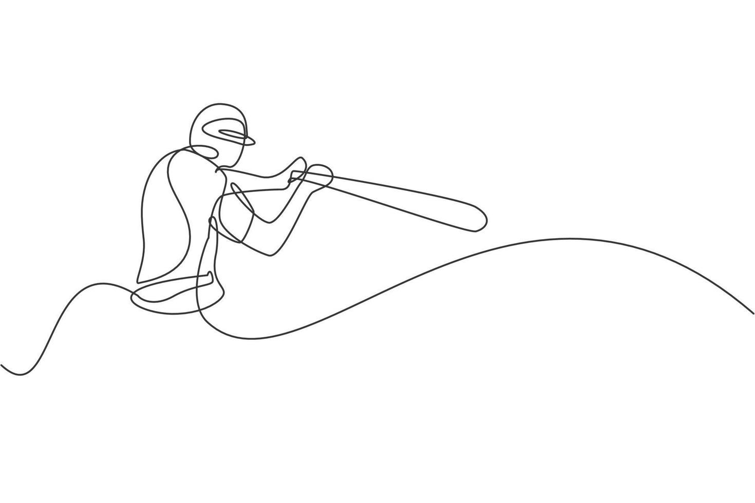 One single line drawing of young energetic man baseball player practice to hit the ball vector illustration. Sport training concept. Modern continuous line draw design for baseball tournament banner