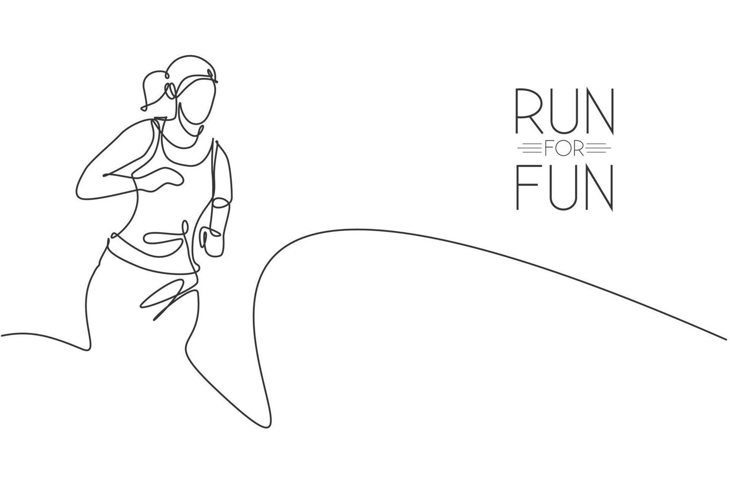 Single continuous line drawing of young agile woman runner hobby to run relax and calm. Healthy sport action concept. Trendy one line draw design graphic vector illustration for running race promotion