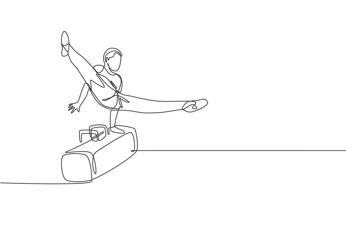 One continuous line drawing of young man exercising pommel horse at gymnastic. Gymnast athlete in leotard. Healthy sport and active concept. Dynamic single line draw design graphic vector illustration