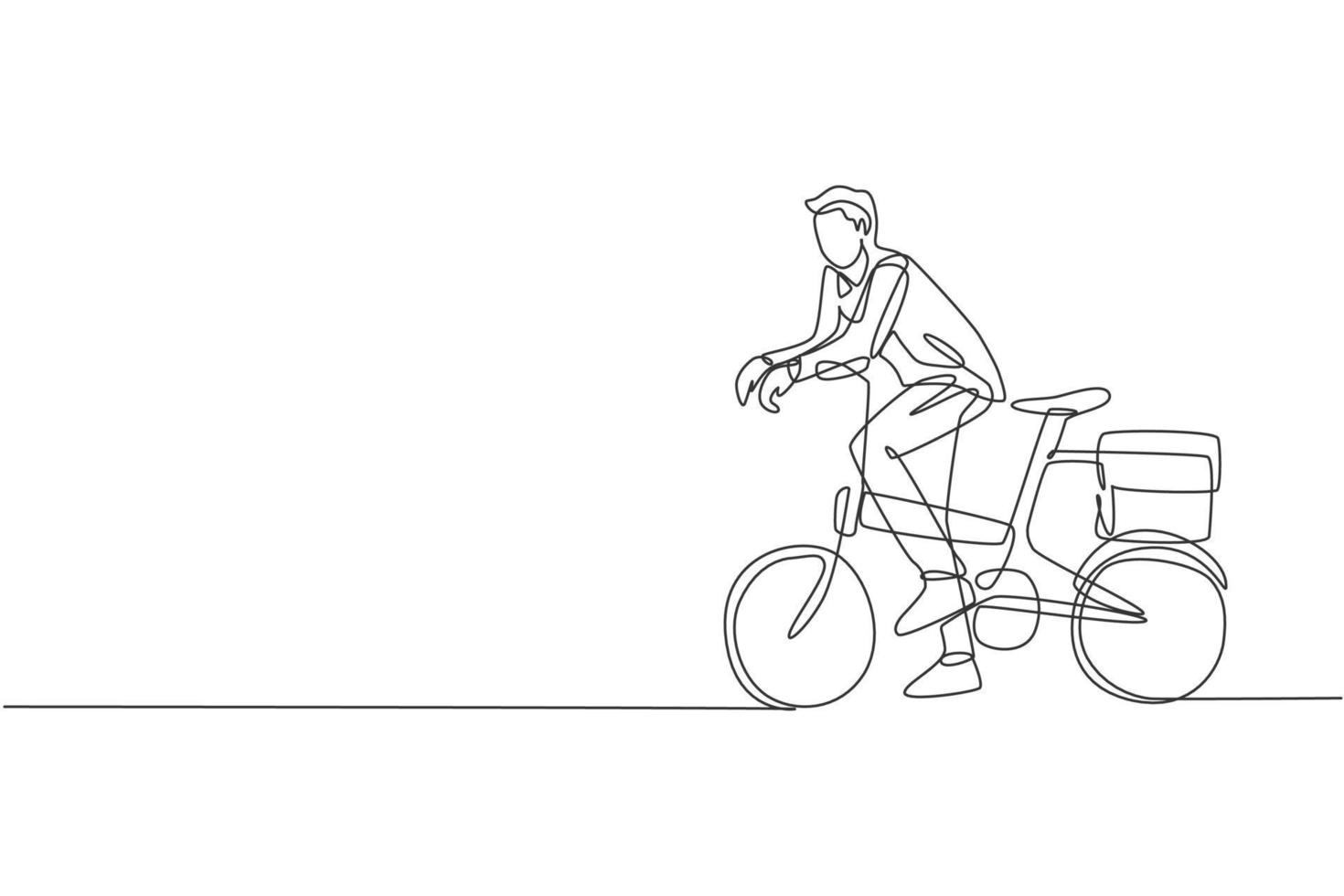 One continuous line drawing of young professional manager man cycling ride folding bicycle to his office. Healthy working urban lifestyle concept. Dynamic single line draw design vector illustration