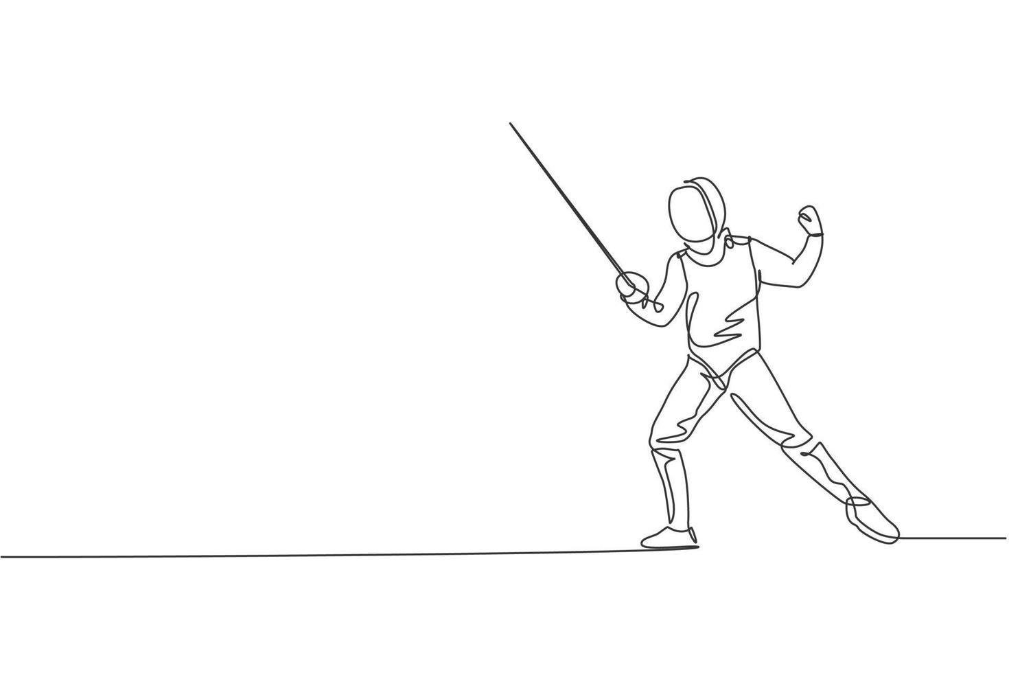 One continuous line drawing of young man fencing athlete practice fighting on professional sport arena. Fencing costume and holding sword concept. Dynamic single line draw design vector illustration