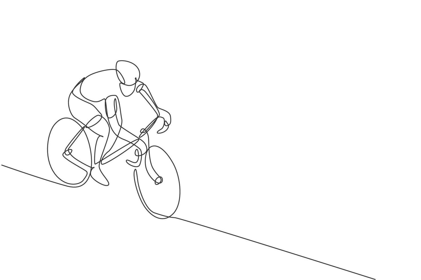 One single line drawing of young energetic man bicycle racer race at cycling track vector graphic illustration. Racing cyclist concept. Modern continuous line draw design for cycling tournament banner