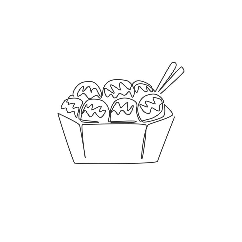 One continuous line drawing of fresh delicious Japanese takoyaki ball restaurant logo emblem. Seafood cafe shop logotype template concept. Modern single line draw design graphic vector illustration