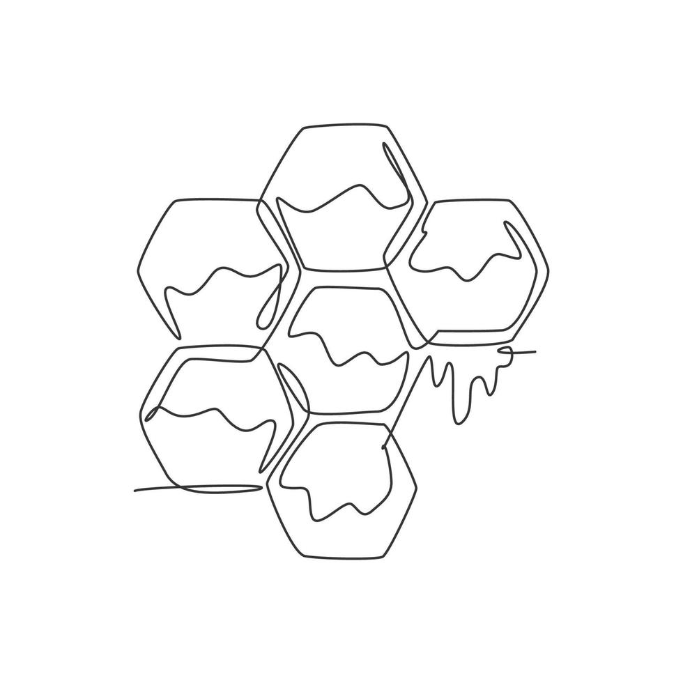 Single continuous line drawing of stylized bee hive with sweet honey drip from honeycomb. Natural healthy food concept. Modern one line draw design vector graphic illustration for organic supplement