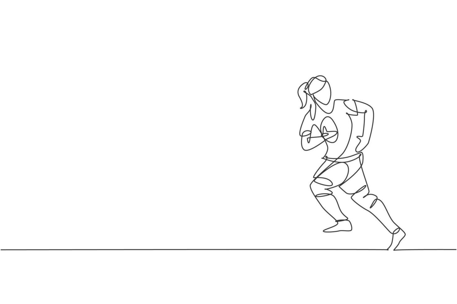 un dibujo de una sola línea de un joven y enérgico jugador de rugby corriendo y sosteniendo la ilustración vectorial de la pelota. concepto de deporte saludable. diseño moderno de dibujo de línea continua para el cartel del torneo de baloncesto vector