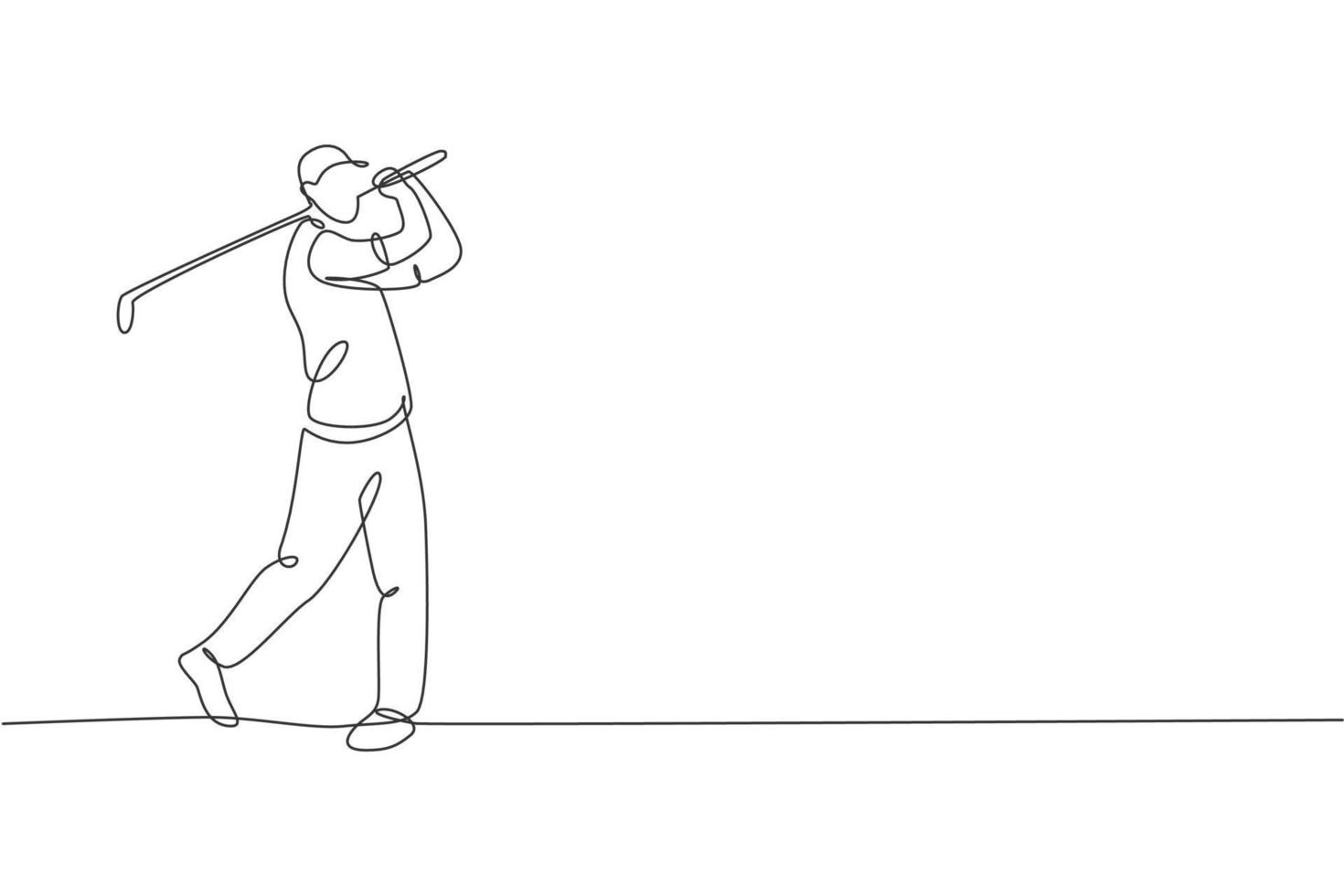 One continuous line drawing of young golf player swing golf club and hit the ball. Leisure sport concept. Dynamic single line draw design graphic vector illustration for tournament promotion media