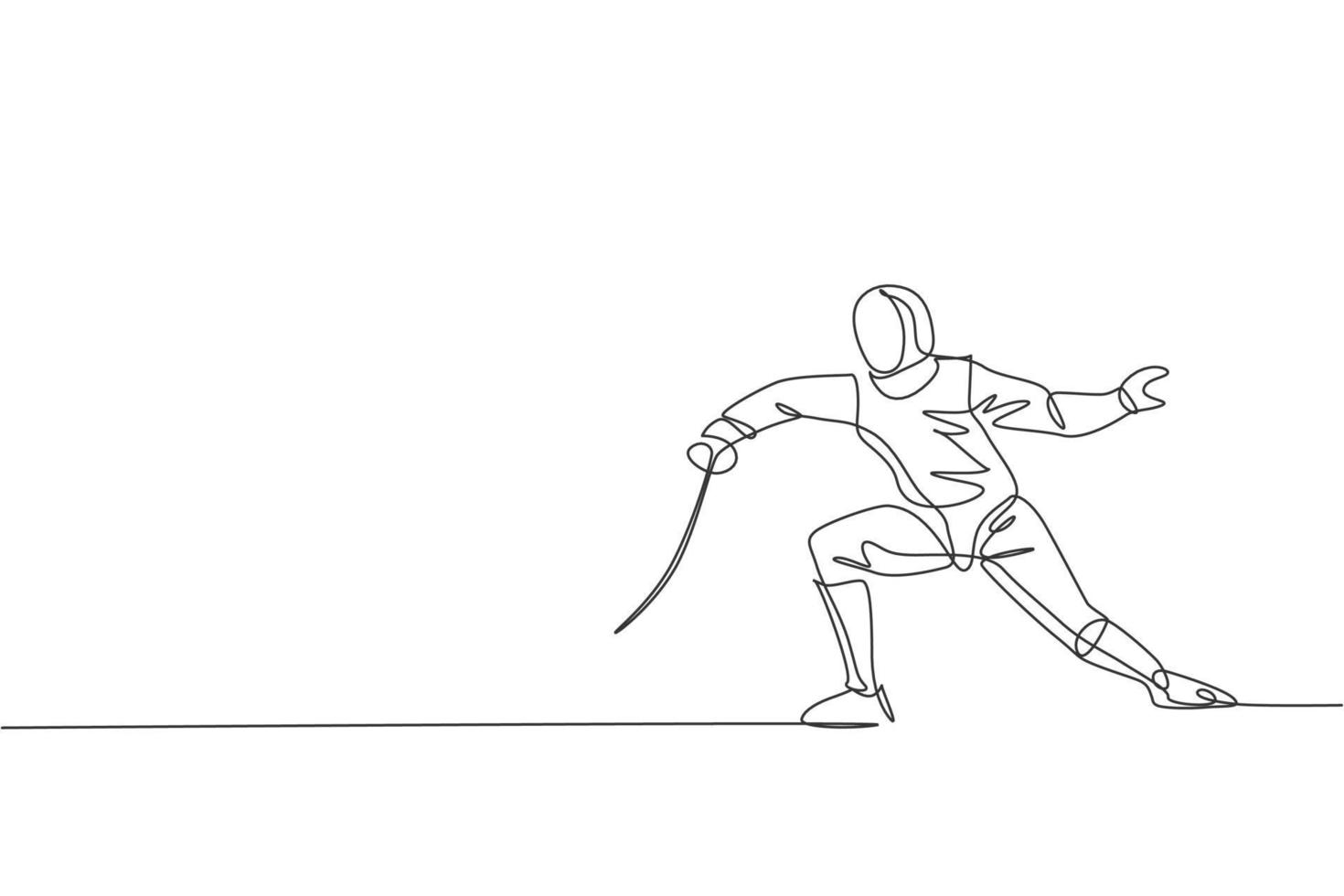 One single line drawing of young man fencer athlete in fencing costume exercising motion on sport arena vector illustration. Combative and fighting sport concept. Modern continuous line draw design