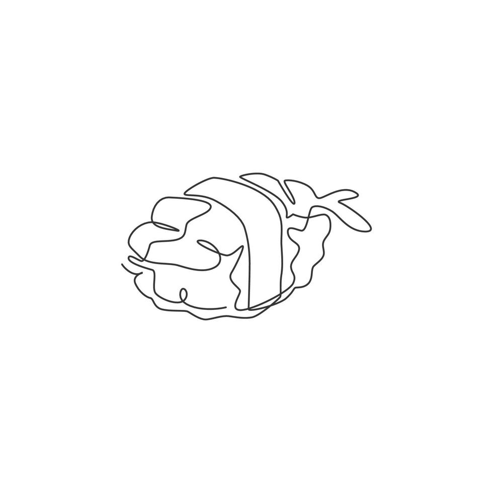 One single line drawing of fresh Japanese nigiri sushi bar logo vector illustration. Fresh Japan food cafe menu and restaurant badge concept. Modern continuous line draw design street food logotype