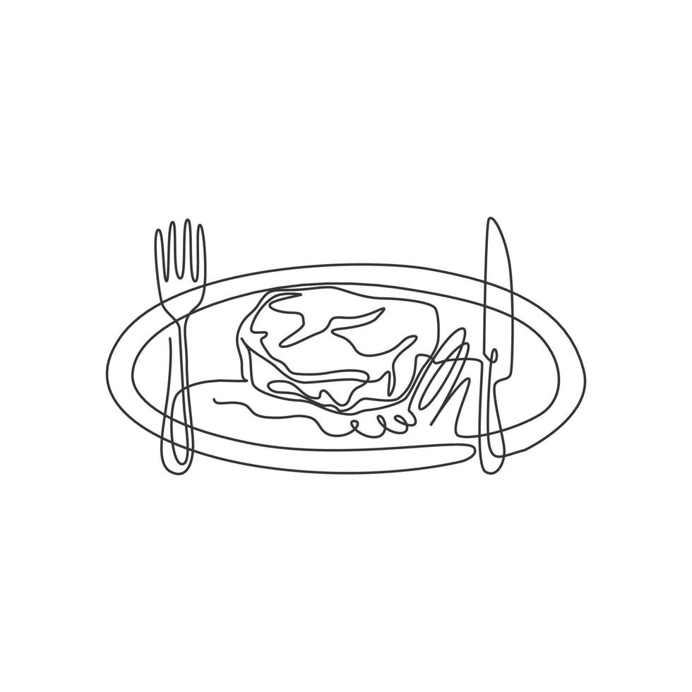 Single continuous line drawing of stylized rosemary steak on plate with knife and fork. Steak restaurant logo concept. Modern one line draw design vector graphic illustration