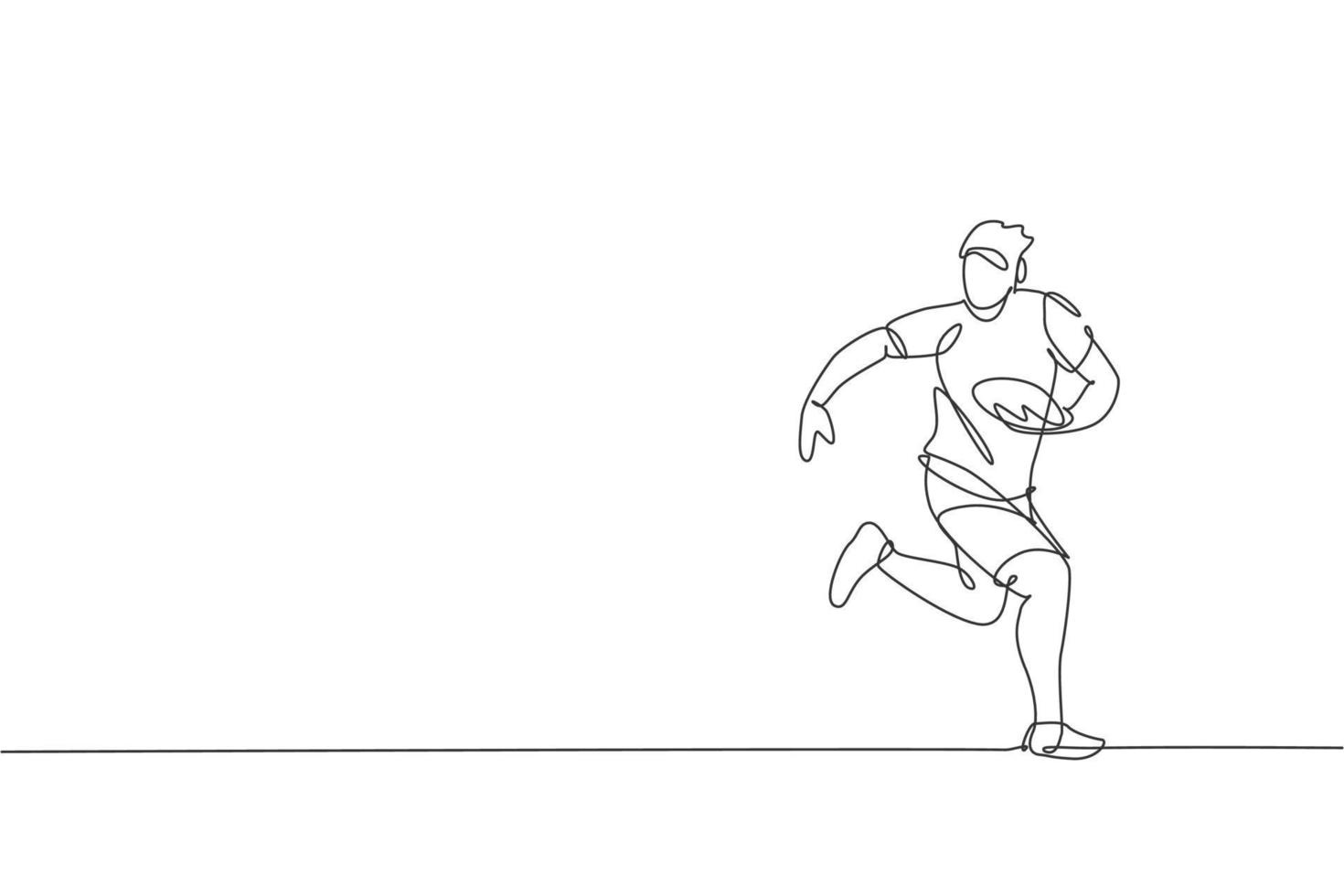 Single continuous line drawing of young agile rugby player running and holding the ball. Competitive sport concept. Trendy one line draw design vector illustration for rugby tournament promotion media