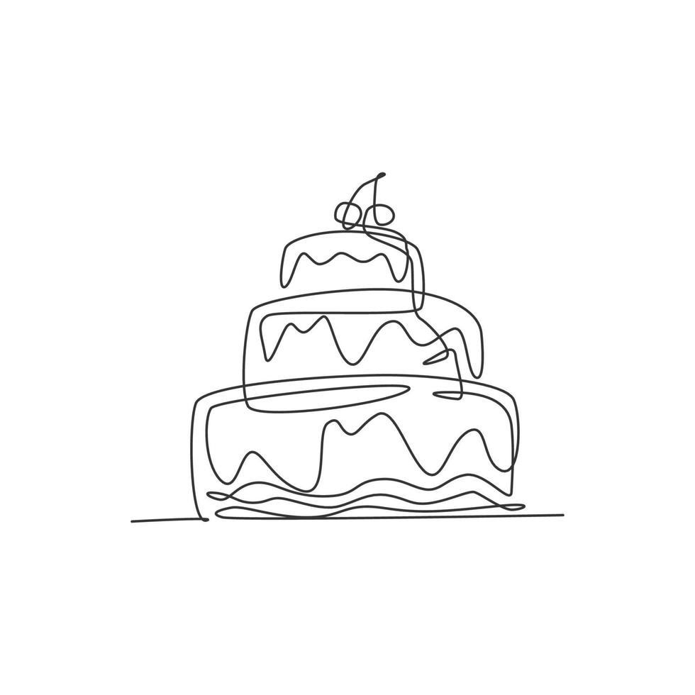 One continuous line drawing of fresh delicious stacked birthday cake with strawberry fruit topping. Pastry confectionery concept. Modern single line draw design graphic vector illustration