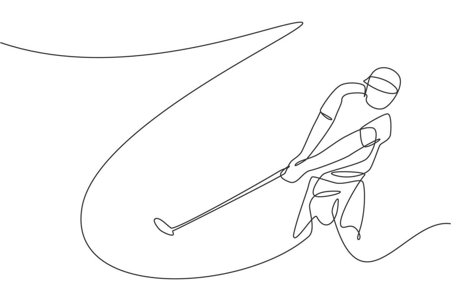 One continuous line drawing of young golf player swing golf club and hit the ball. Leisure sport concept. Dynamic single line draw design vector illustration graphic for tournament promotion media