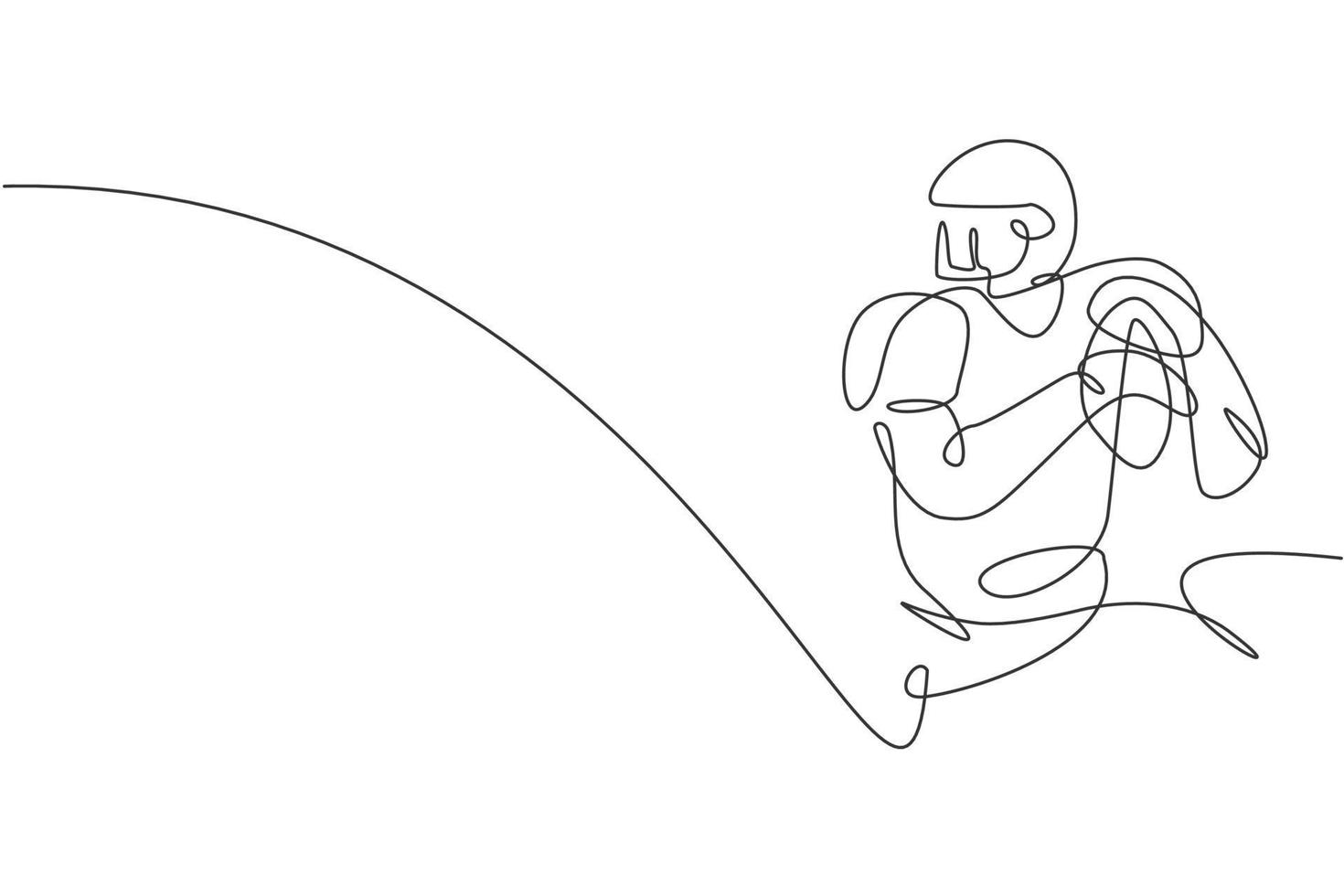 One single line drawing young energetic man american football player ready to pass the ball for his teammates. Sport competition concept. Modern continuous line draw design graphic vector illustration