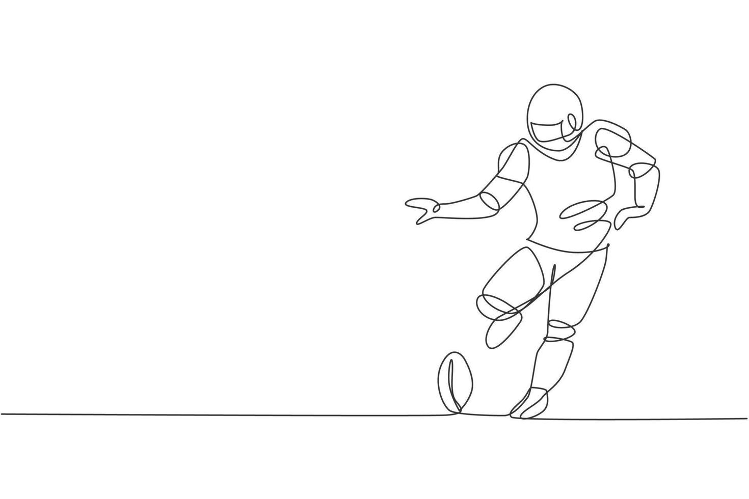 One continuous line drawing of young sporty american football player kicking the ball hard at arena for competition poster. Sport teamwork concept. Dynamic single line draw design vector illustration