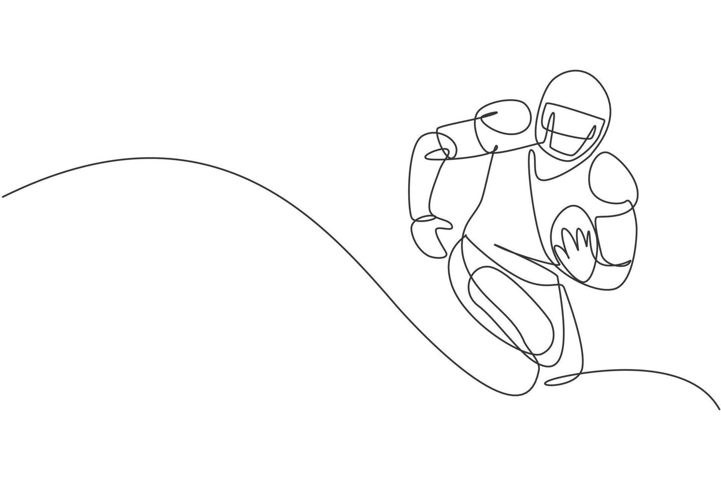 One continuous line drawing of young happy man american football player running and holding the ball for competition poster. Sport teamwork concept. Dynamic single line draw design vector illustration