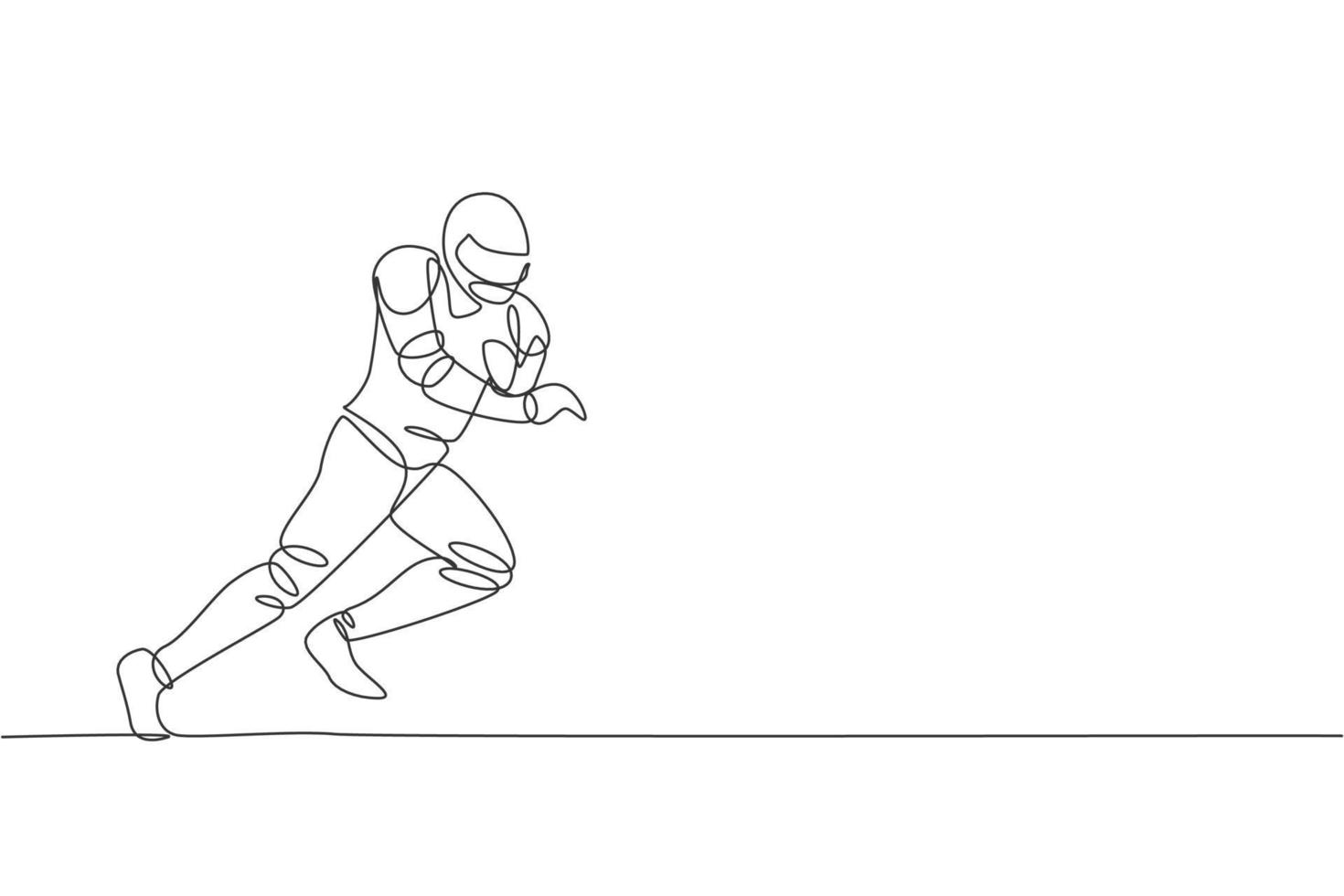 Single continuous line drawing young agile american football player running fast to score a goal for competition media. Sport exercise concept. Trendy one line draw design vector graphic illustration