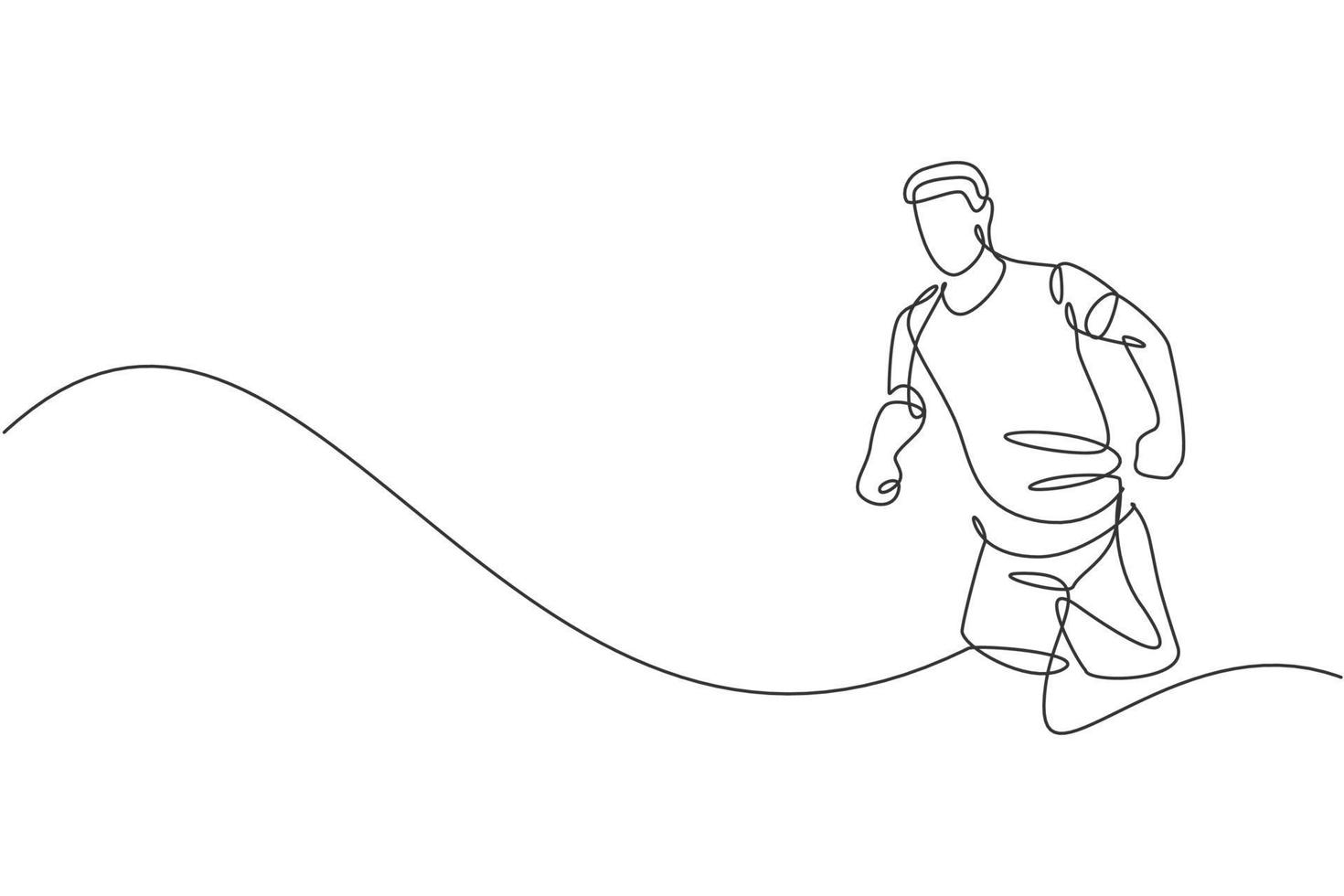 One single line drawing of young happy runner man exercise to improve stamina graphic vector illustration. Healthy lifestyle and competitive sport concept. Modern continuous line draw design