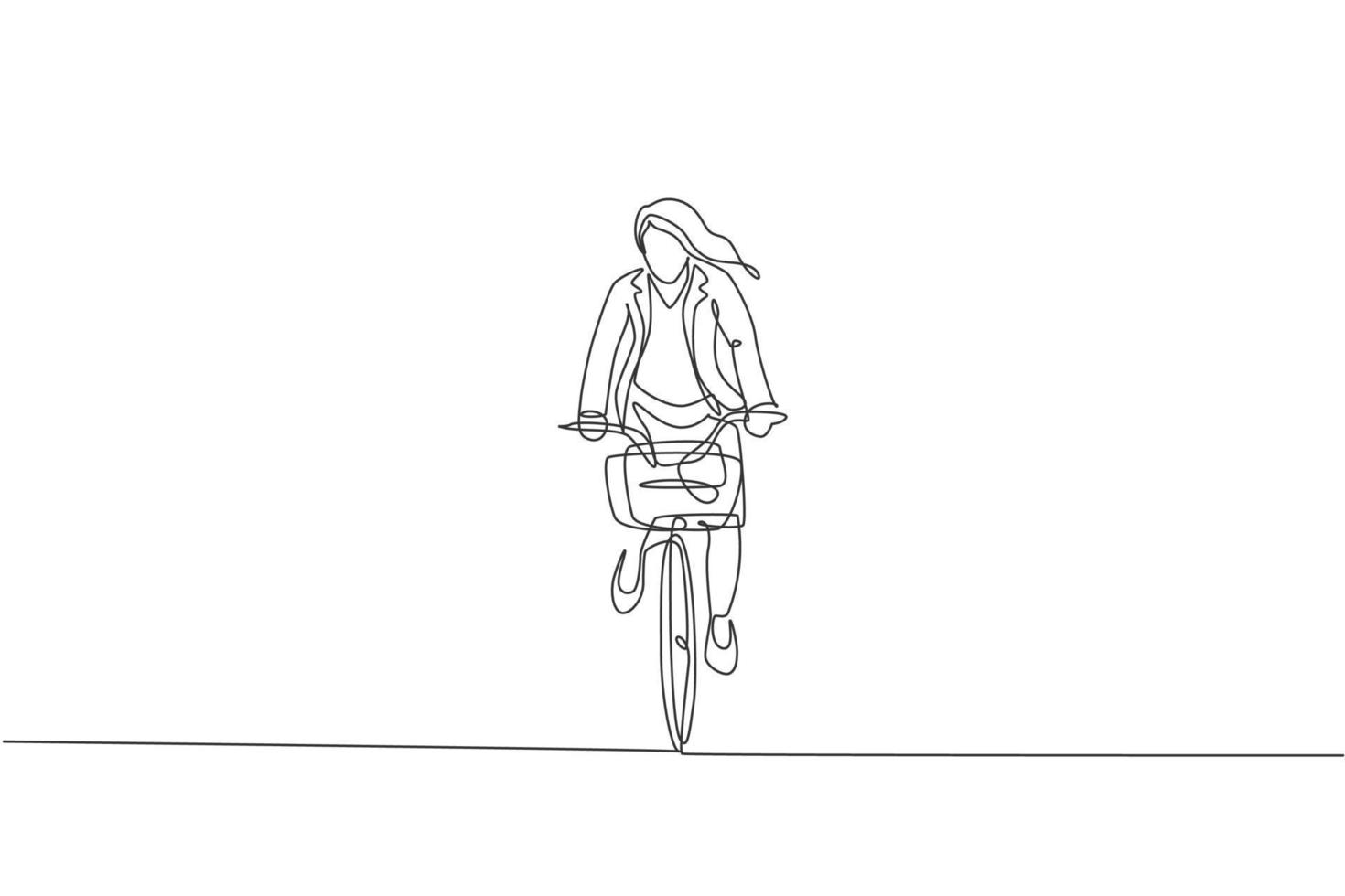 Single continuous line drawing of young professional businesswoman riding bicycle to her company. Bike to work, eco friendly transportation concept. Trendy one line draw design vector illustration