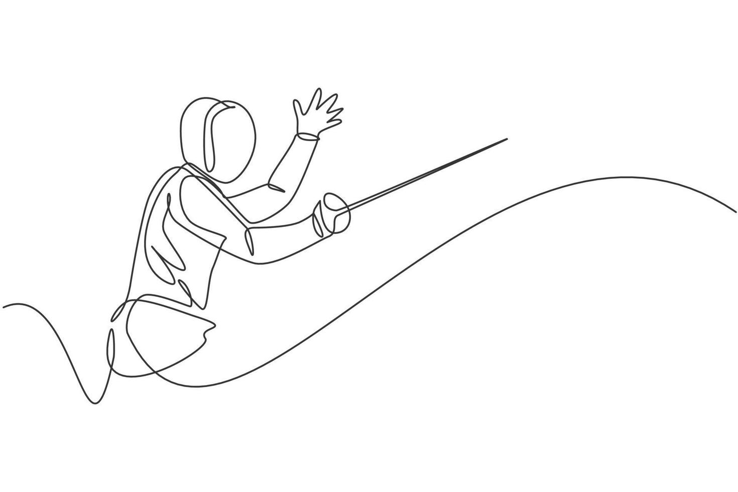 One continuous line drawing of young man fencing athlete practice fighting on professional sport arena. Fencing costume and holding sword concept. Dynamic single line draw design vector illustration