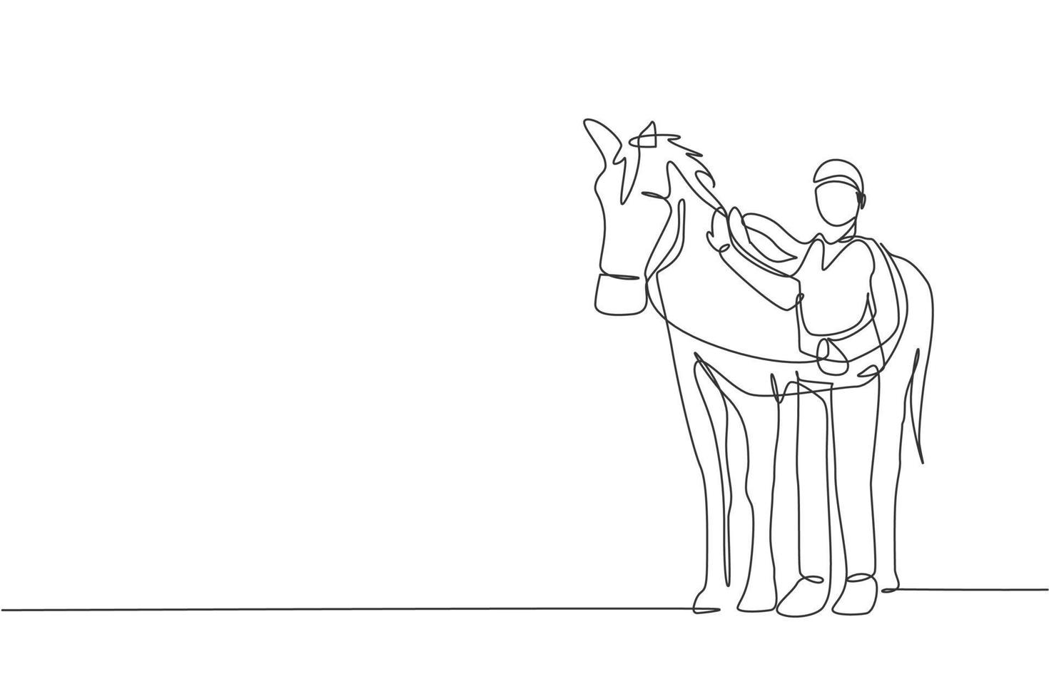 One continuous line drawing of young horse rider man rubbing and stroking horsehair at stable. Equine care. Equestrian sport competition concept. Dynamic single line draw design vector illustration