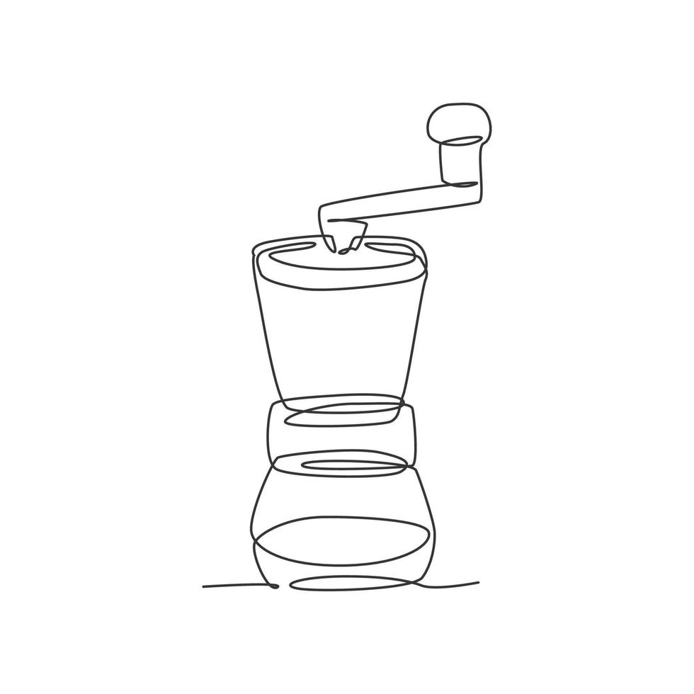 un dibujo de línea continua del emblema del logotipo del molinillo de café manual de madera. antiguo concepto de plantilla de logotipo de molino de café clásico vintage. Ilustración de vector de diseño de cafetería de dibujo de una sola línea moderna